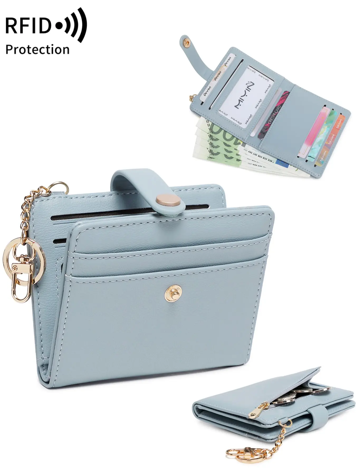Women's RFID Blocking Bifold Leather Mini Wallet With Keychain, Zipper Coin Pocket, Multiple Card Slots, ID Window & Large Cash Compartment, Compact Portable Purse For Daily Carry