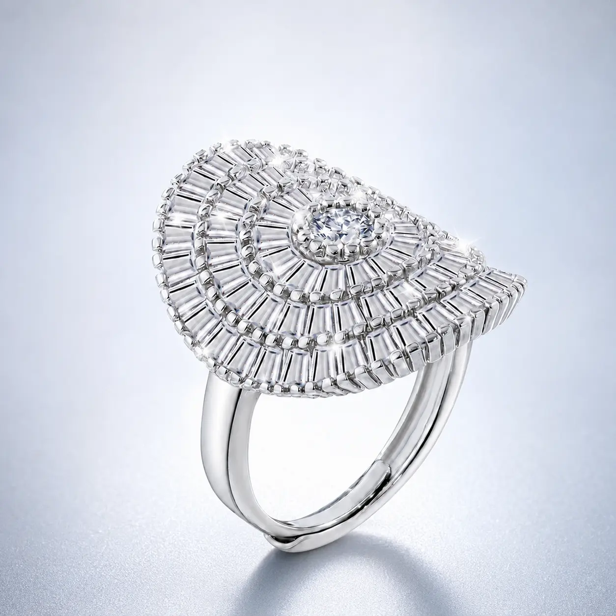 Women's Adjustable Silver-Tone Statement Ring - Sparkle Effect Baguette Cut Crystal Set, Oval Sunburst Open Band Cocktail Jewelry for Parties, Weddings