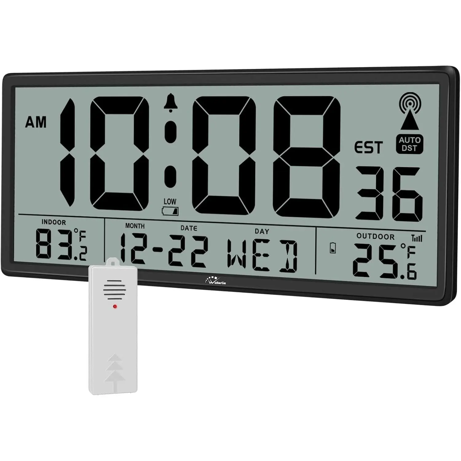 Atomic Clock with Indoor Outdoor Temperature, 14.5" | Easy to Read, Self Setting, Jumbo Auto Set Digital Wall Clock, Battery Operated