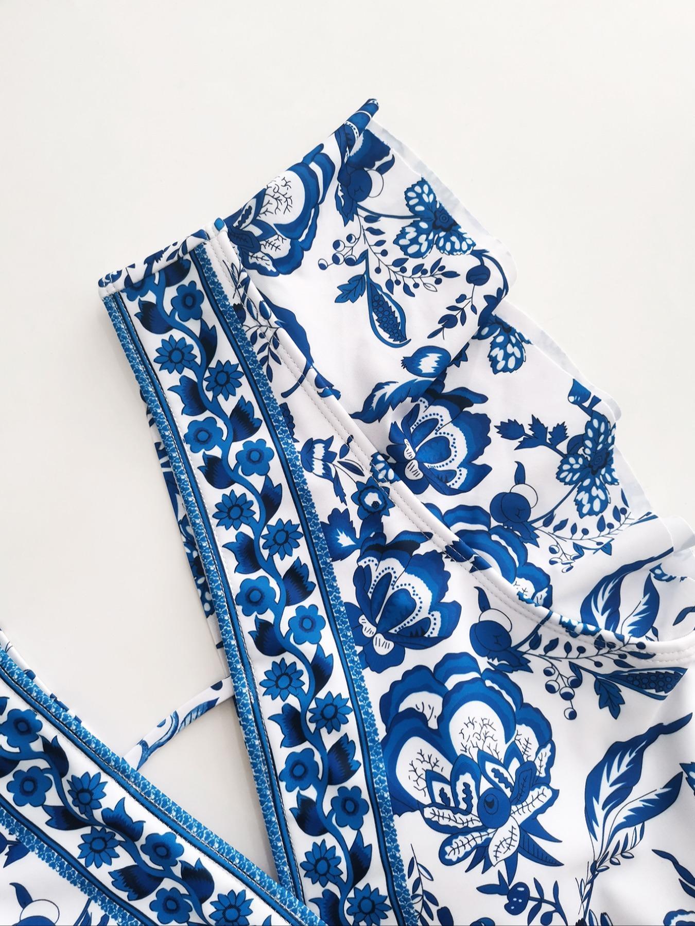 Women's Ruched Ruffle Backless One-piece, Boho Butterfly Sleeve Deep V Neck Swimwear for Beach Holiday Vacation, Floral Print Swimsuits, Ladies Summer Clothes, Swimsuit Style, Floral Print Swimsuit