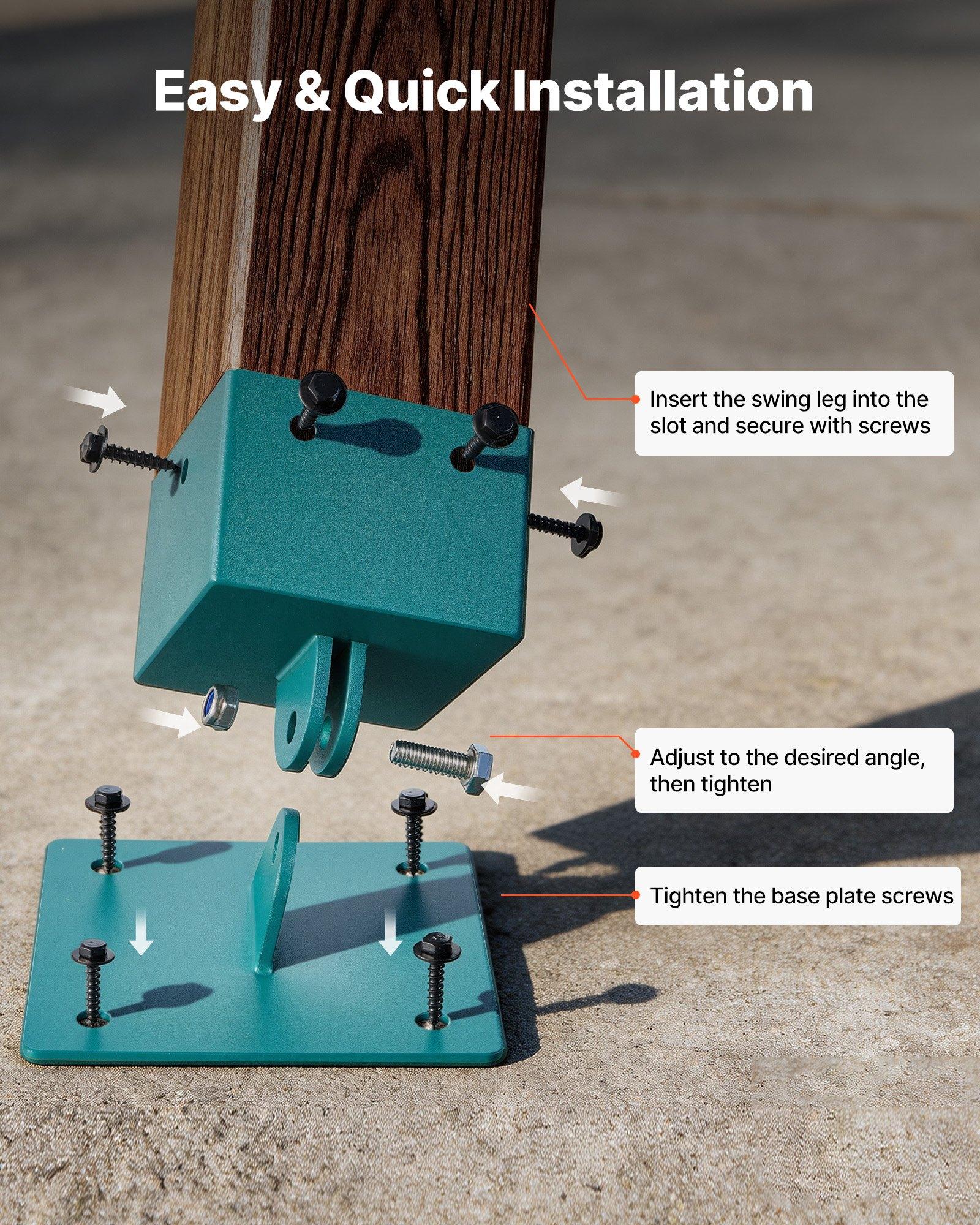 VEVOR Swing Set Brackets, 4 Pack Heavy Duty Swing Set Leveling Hardware, Fits 4 x 4 in Post (Actual 3.6 x 3.6 in), 45°-60° Angle Range, Stainless Steel Anchor Level Kit on Uneven Grass Wooden Ground