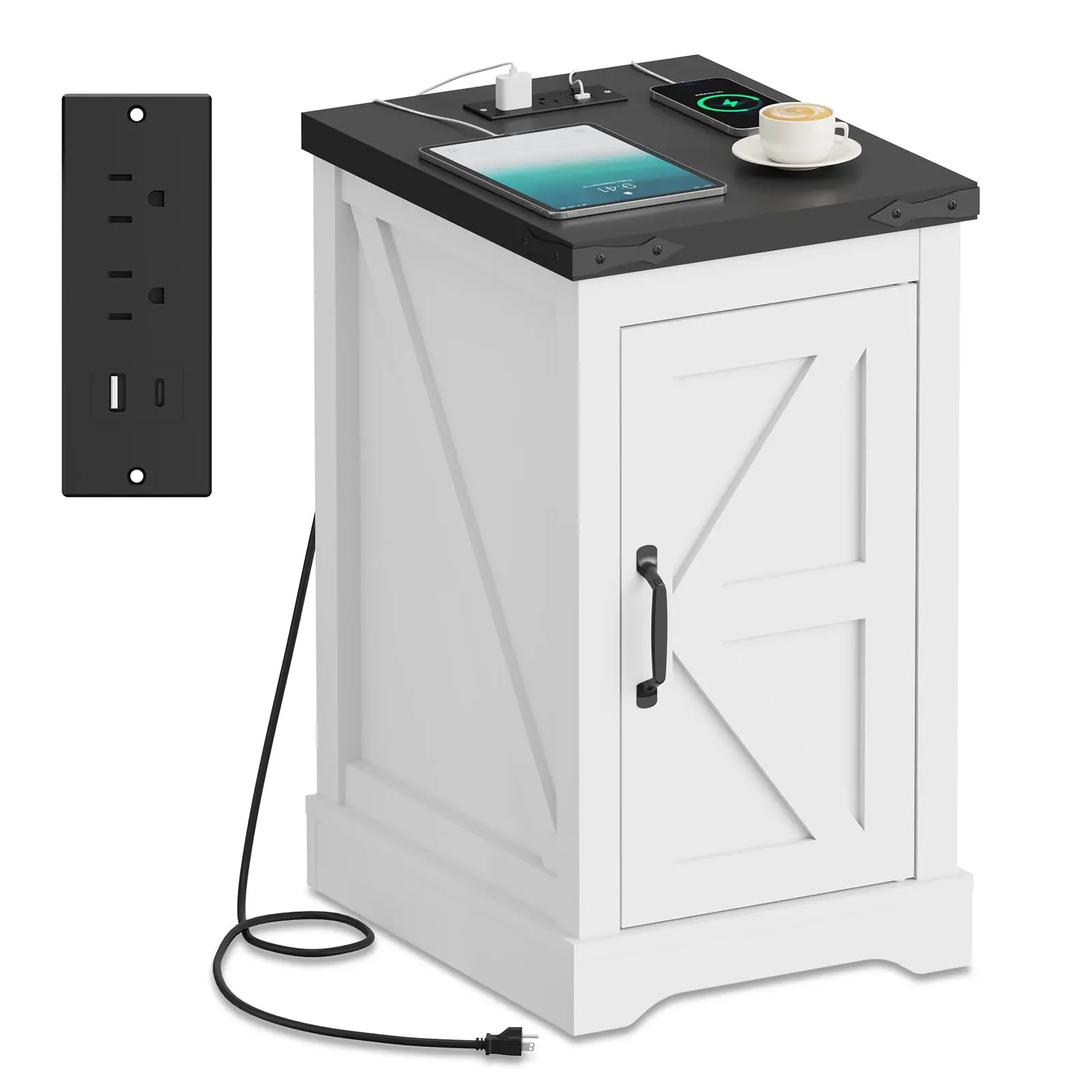 Garvee Farmhouse End Table with Charging Station & 2 USB-c Ports | Modern Bedside Table with 2 AC Outlets, Adjustable Shelf, Cable Management | Convenient Power End Table for Bedroom, Living Room