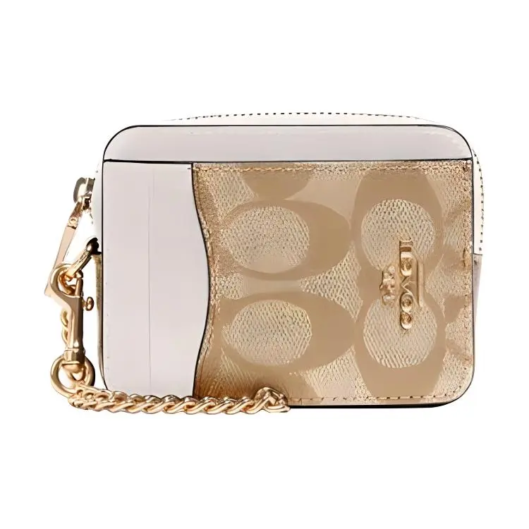 COACH Card Case for Women – Color-Blocked Zippered Wristlet with Multiple Card Slots, Canvas and Leather, White and Light Khaki