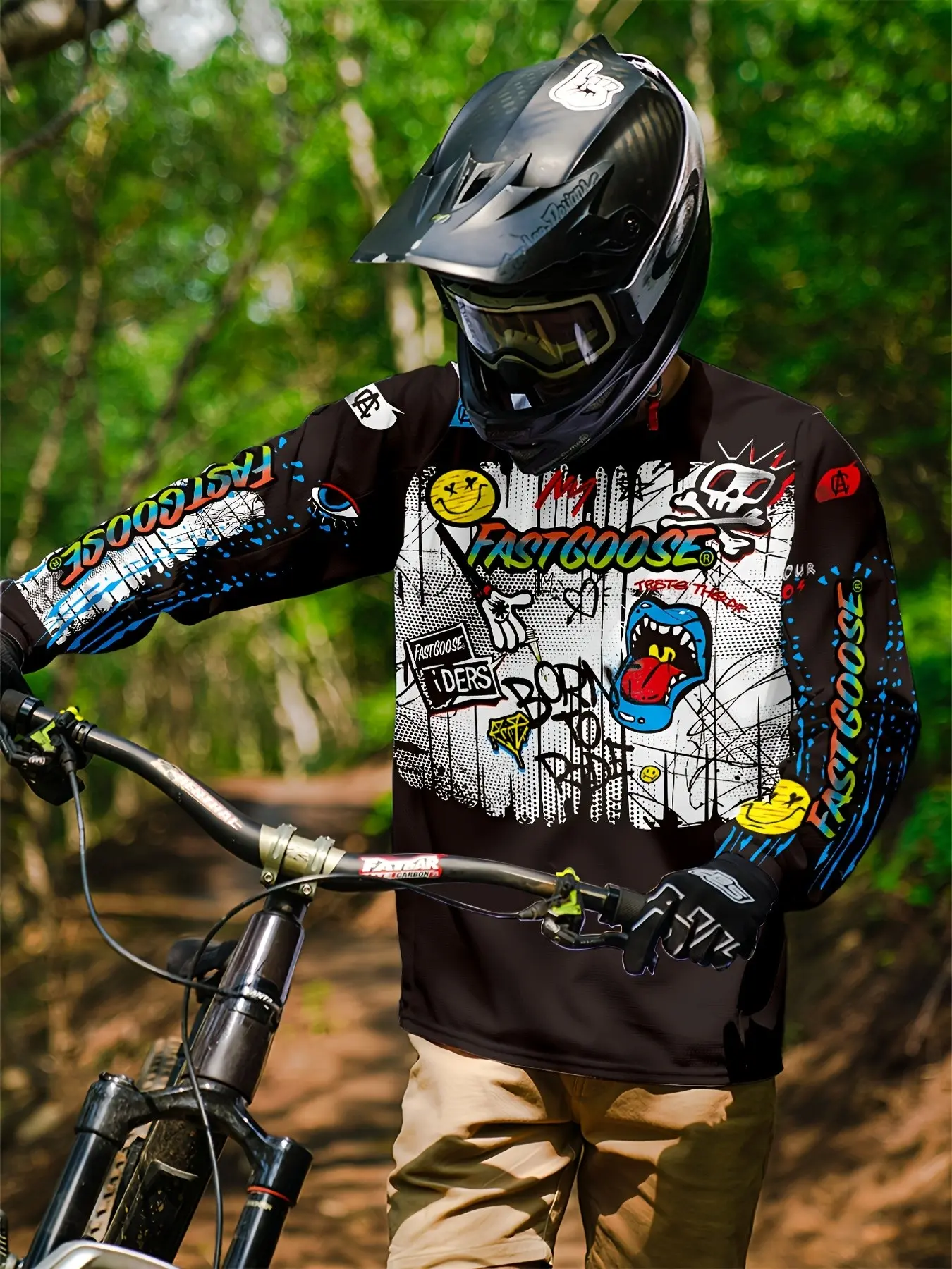 Men's Long Sleeve Cycling Shirt, Cyclist Jersey, Street Graffiti Skull Pattern, Breathable Quick-Dry Mountain Bike Jersey, Outdoor Sports Apparel