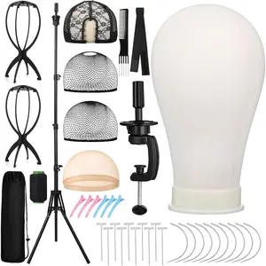 22 Inch Canvas Mannequin  with 61" Adjustable Wig Stand Tripod, Wig Set of 40 count with Wig Holder, Caps, Elastic Bands, T/C Pins Tool Kit for Wigs Styling Making Display