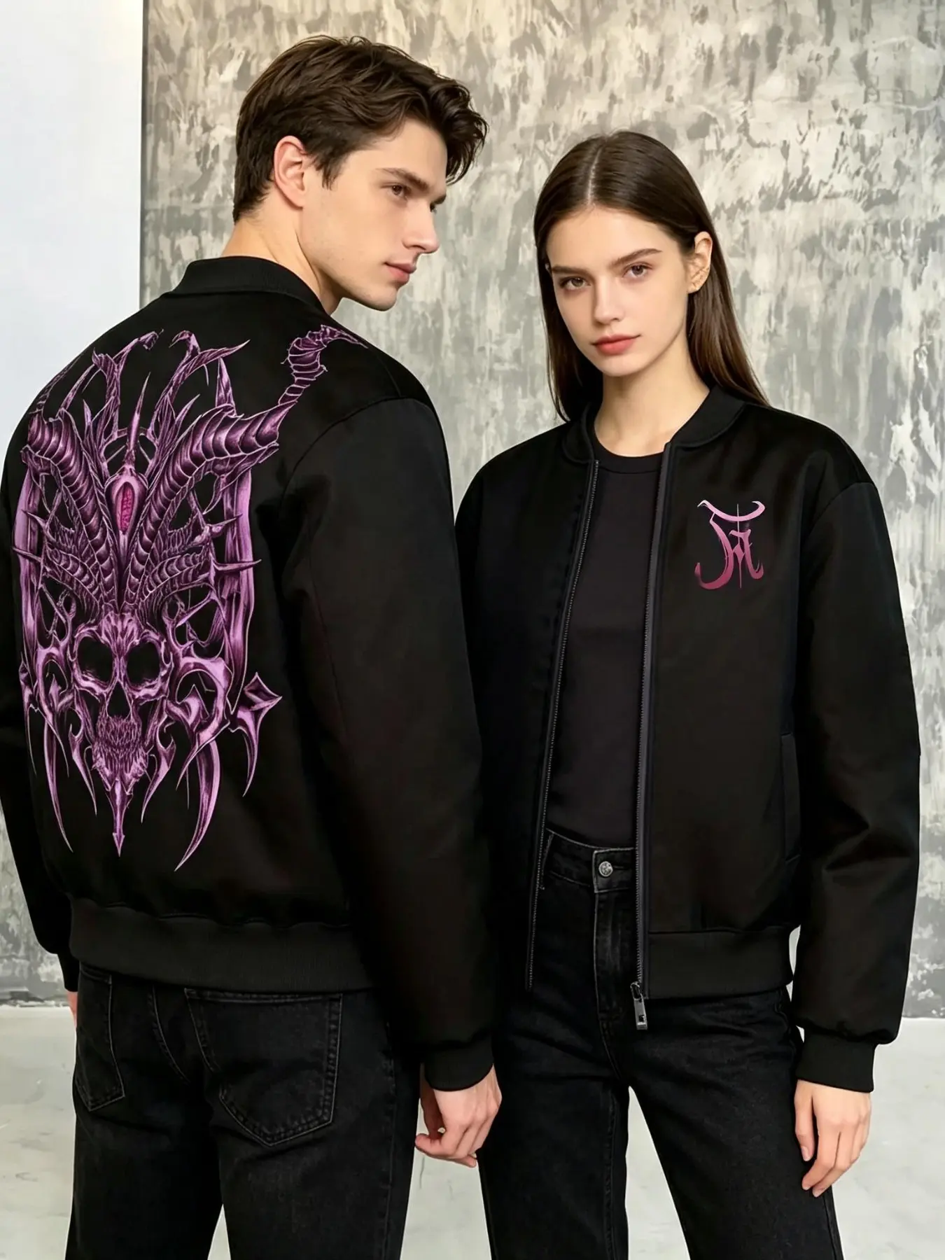 Men's Flight Jacket, Thorn Devil Skull Backprint, Gothic Street Style, Zipper Baseball Coat, Dark Horror Print Outerwear
