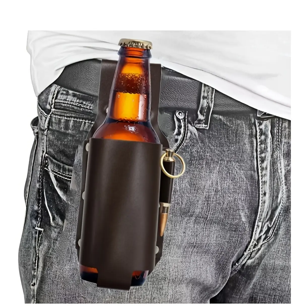 Men's Leather Beer Bottle Holder, Adjustable Waist Belt for 12oz Bottles, Durable and Convenient, Vintage Style Party Accessory