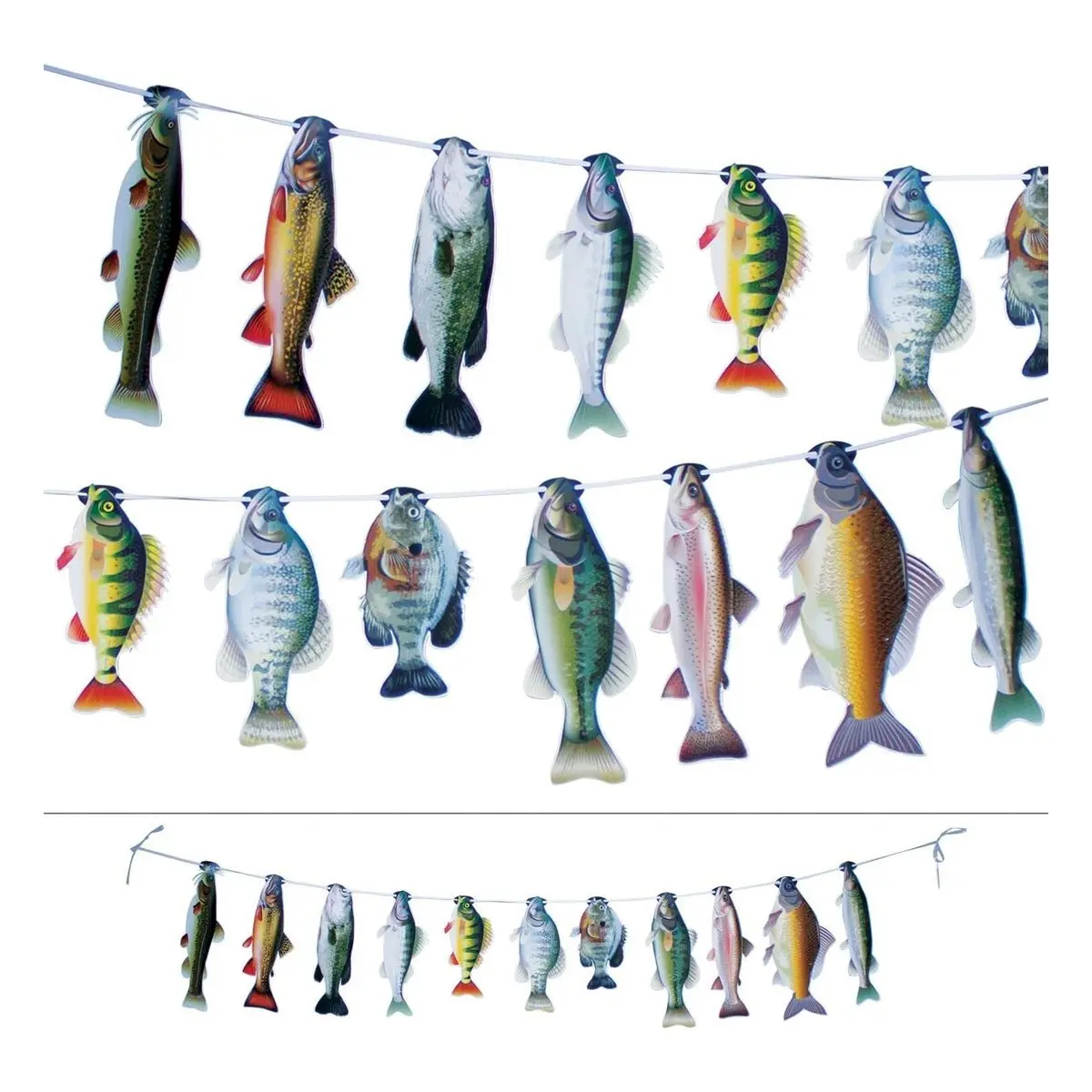 Fishing-Themed Party Banner, 7-Foot String of Fish Decoration for Fish Fry, Bass Fishing, or Tournament Parties, Reusable and Adjustable with Fish Up to 18 Inch