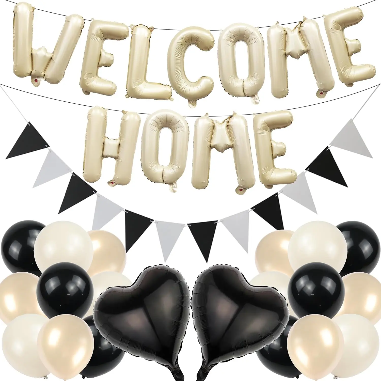 Welcome  Balloon Decorations Banner - 13 count Sand White Letters Banners Black Heart Foil Balloons Pennant Flag Bunting for Welcome   Family House Warming Party Decor