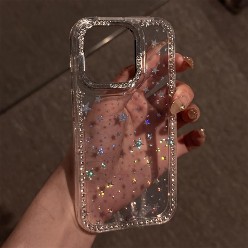 Luxury Rhinestone Fashion Phone Case, Sparkling Diamond Border Star Transparent Shockproof Cover for iPhone 17,16,15,14,13,12 Pro Max - Christmas Gift, New Year's Present, Easter Surprise, Halloween Treatment.