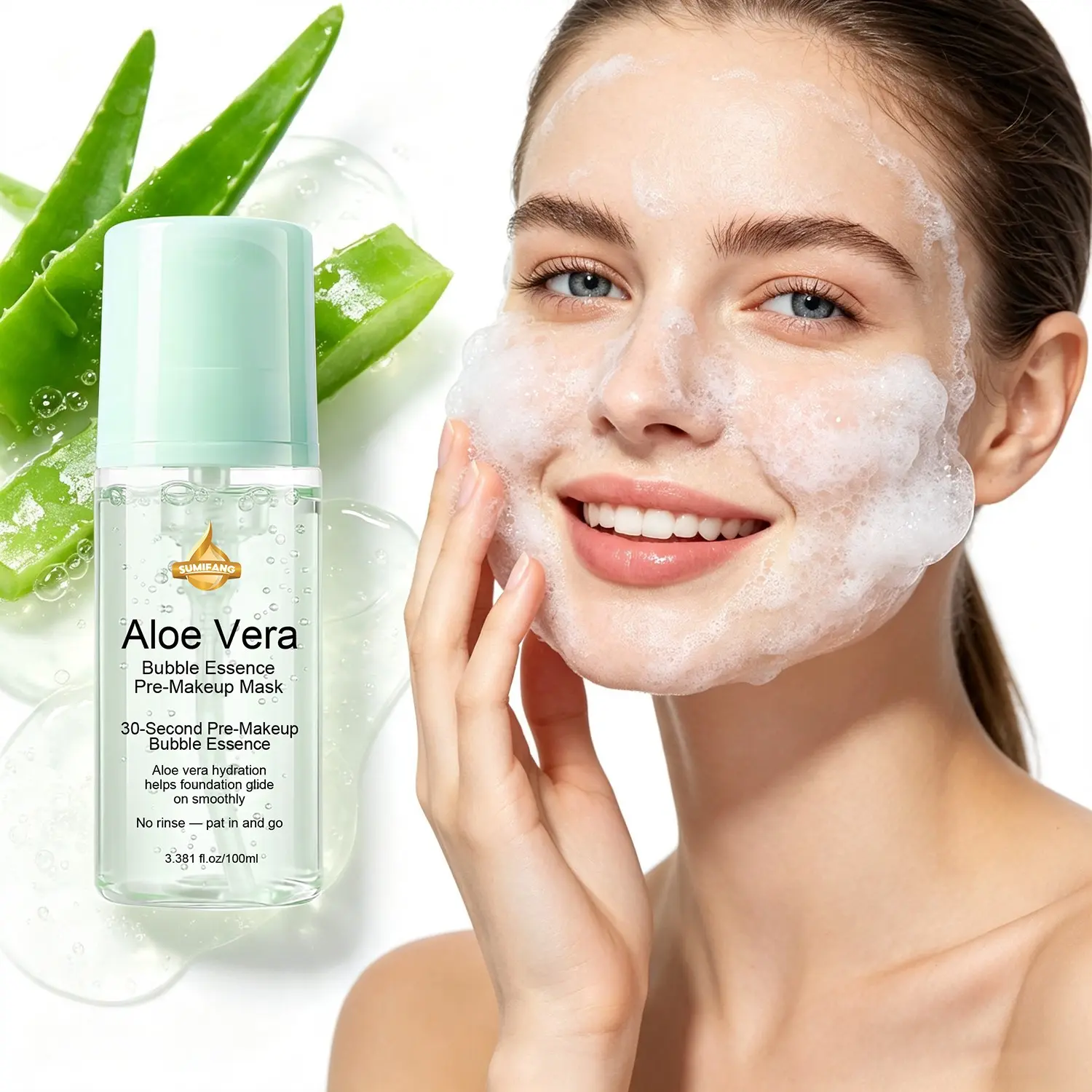 SUMIFANG Aloe Vera Bubble Primer Essence 100ml – 1 Bottle = Hydrating Toner + Moisturizer + Face Mask + Makeup Primer | Soothing & Hydrating with Aloe Vera & Hyaluronic Acid | Ensures a smooth, even base that adheres perfectly without caking.
