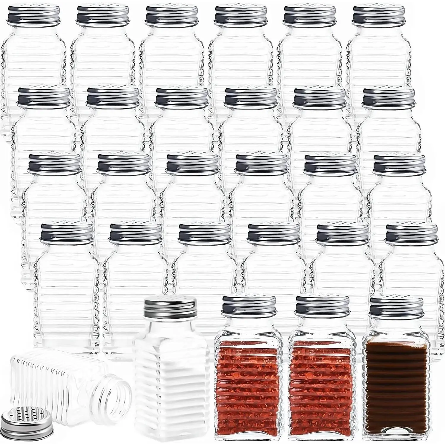 30-Pack Glass Salt and Pepper Shakers - 3.3oz Stainless Steel Lid Wide Mouth Canister Set for Spices, Seasonings, Home & Restaurant Kitchen Supplies (Mushroom Design), Transparent