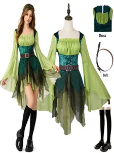 Women Elf Fairy Costume Green Medieval Dress with Wings Belt Halloween Cosplay Outfit Fairy Party Dress