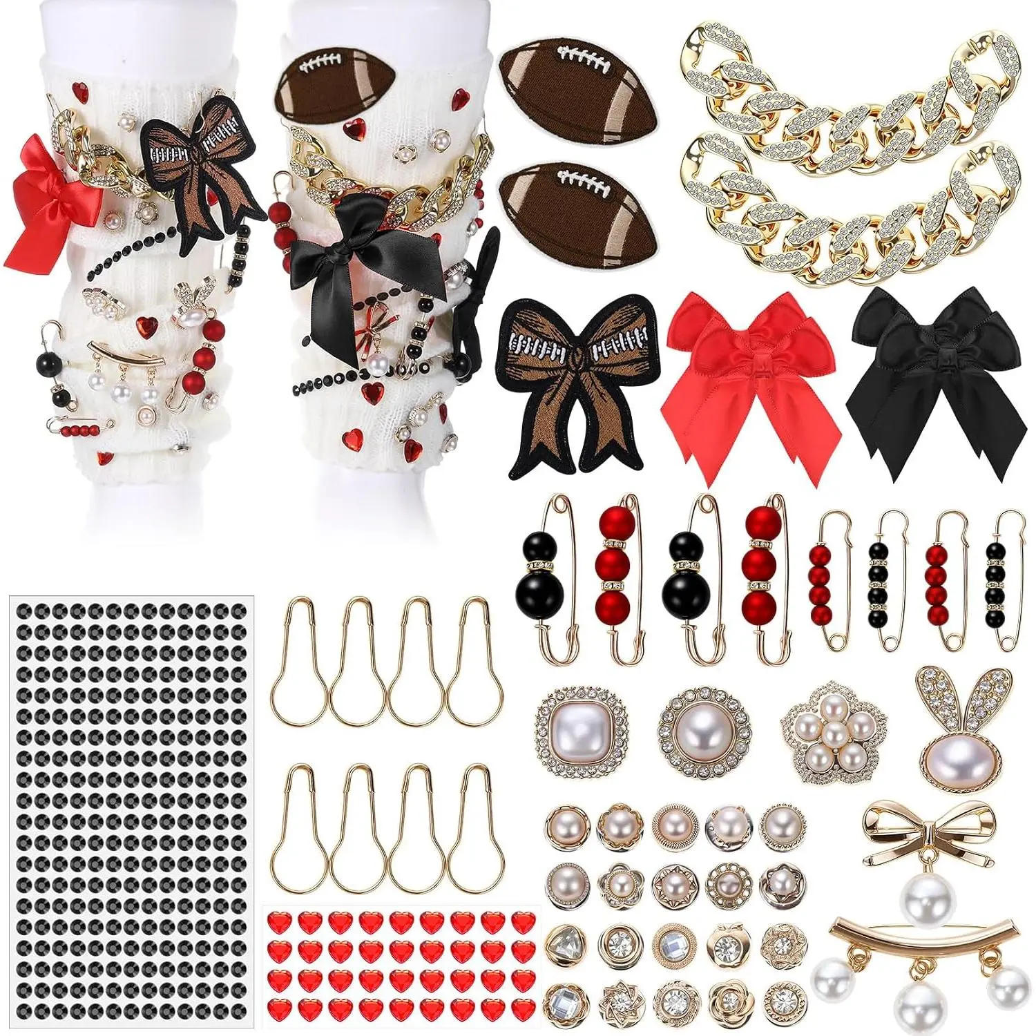 45 count  Day Football Junk Socks Charms Kit Brooches and Pins for Women Football   for Socks Shoe Charms with Bows Sneakers DIY Kit with