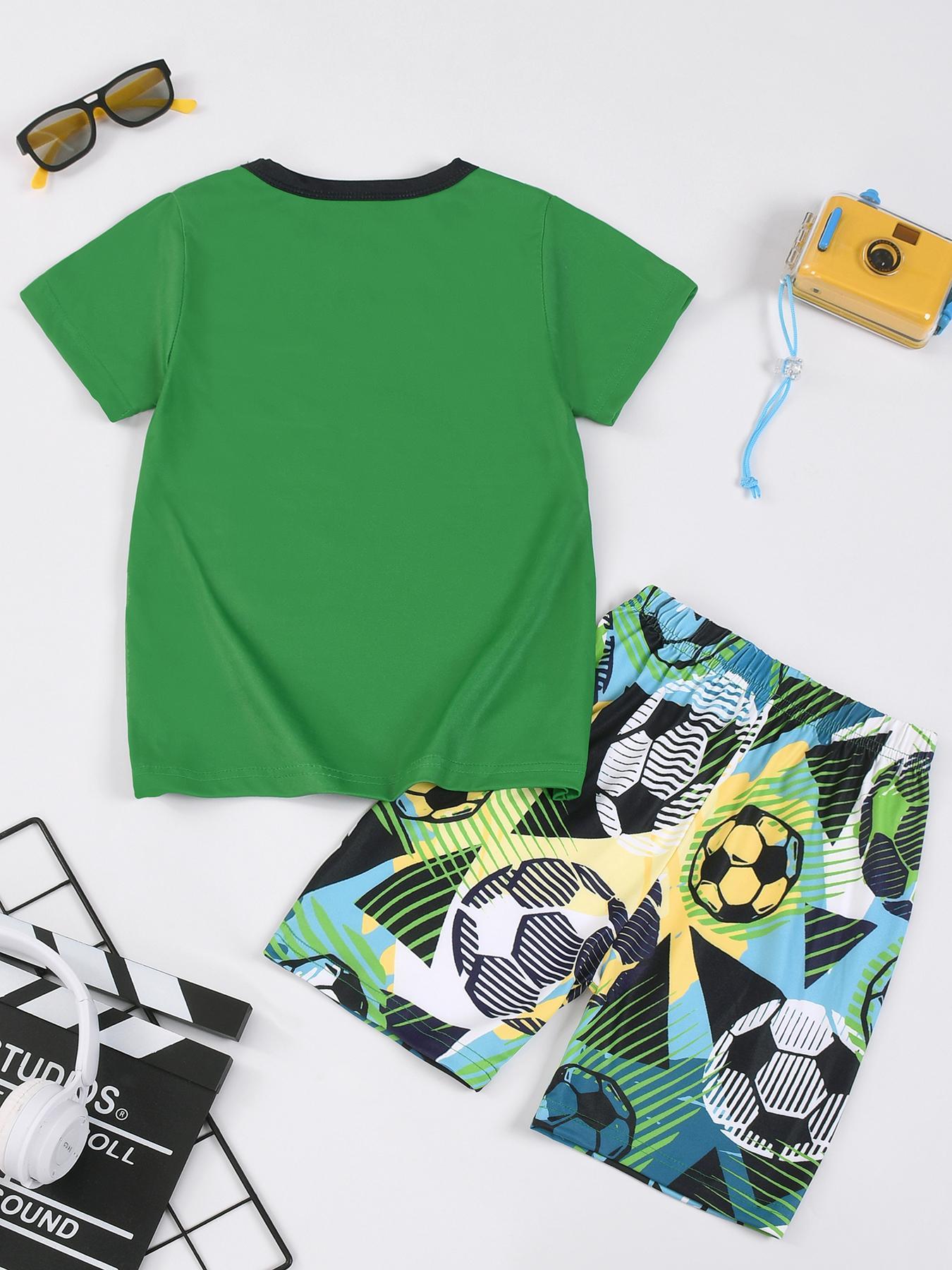 Boy's Junior Cartoon Soccer Print Short Sleeve Tee & Shorts PJ Set, Casual Comfy Round Neck T-shirt & Shorts PJ Set, Kids Sleepwear for Summer, Pajama Sets