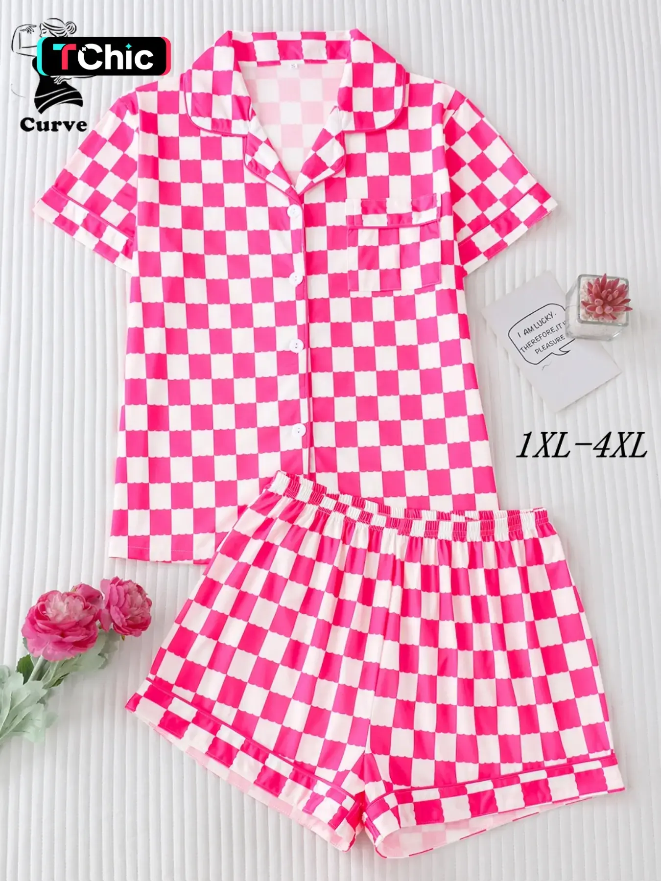 【Plus Size】 Checkerboard Print Plaid Short Sleeve Top & Shorts Pyjama, Casual Comfy PJ Set for Women, Women's Sleepwear for Summer, Loungewear, Casual Pajamas Set