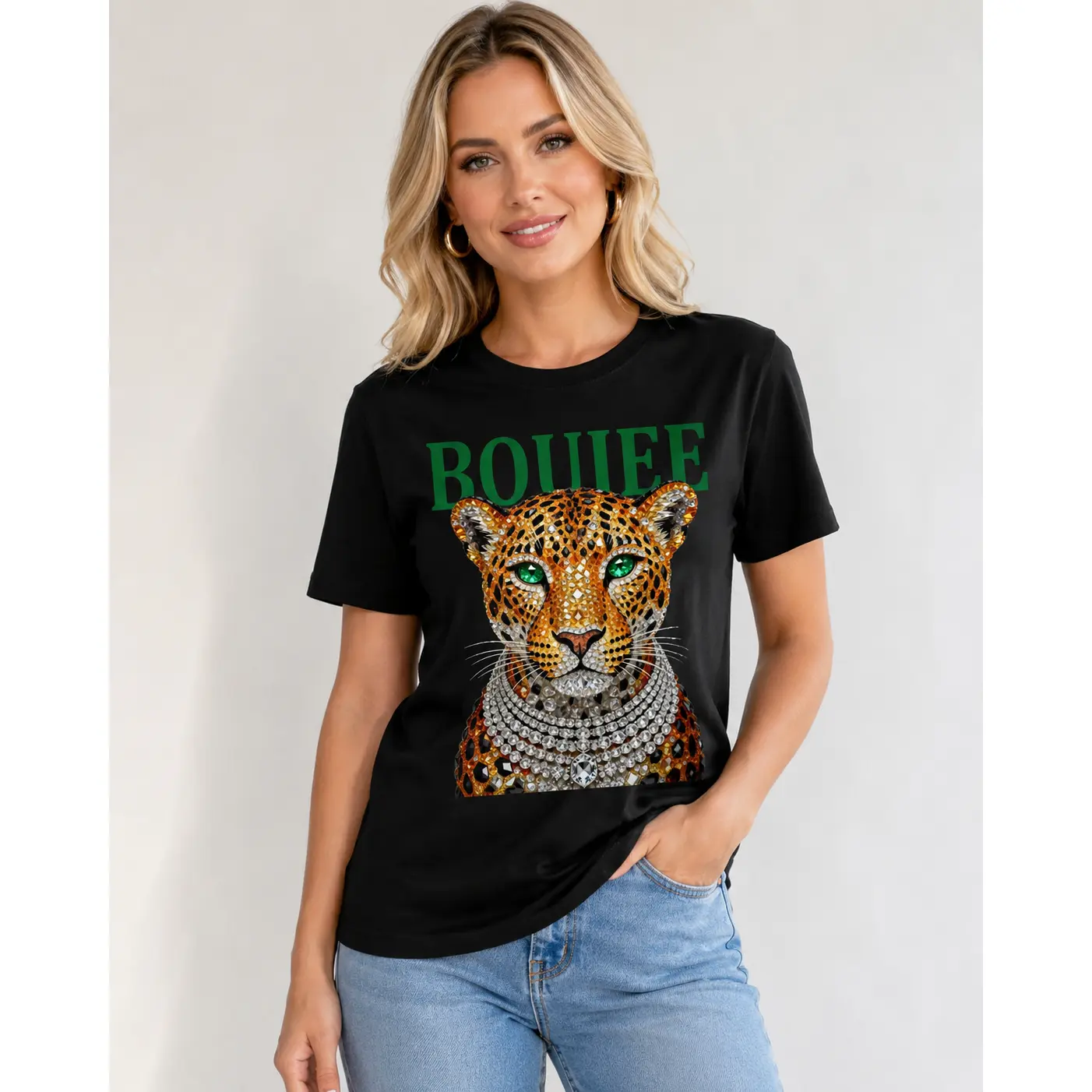 uxury Leopard Rhinestone Shirt Boujee Graphic Tee Women Oversized Glitter Bling Aesthetic Street Fashion Casual Top Baggy Fabric