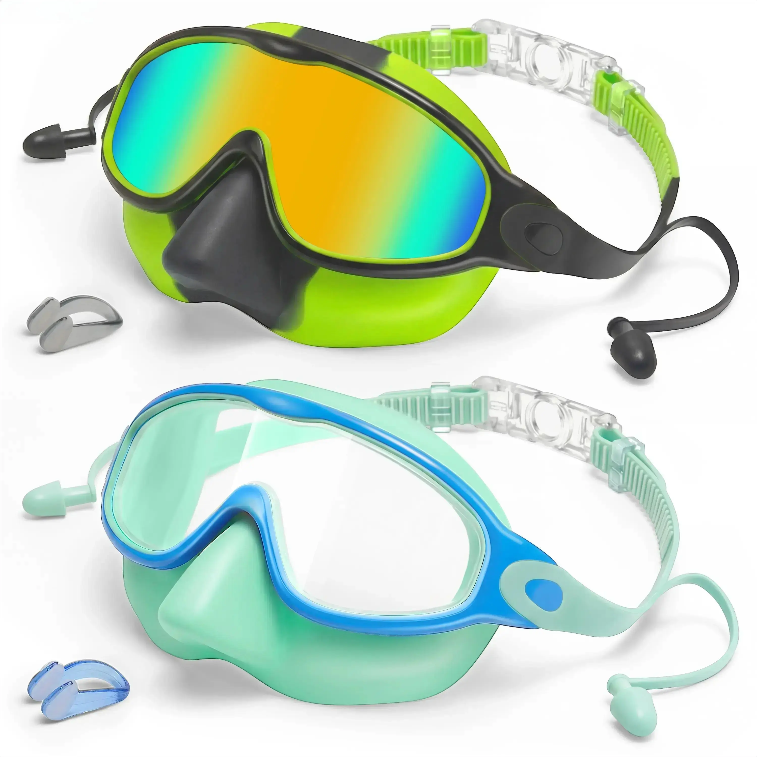 Swimming Goggles 2-Pack for Unisex Kids, Wide View Anti-Fog Swim Mask with Nose Cover, Leakproof with Adjustable Strap for Ages 4-14, Wide View Mask