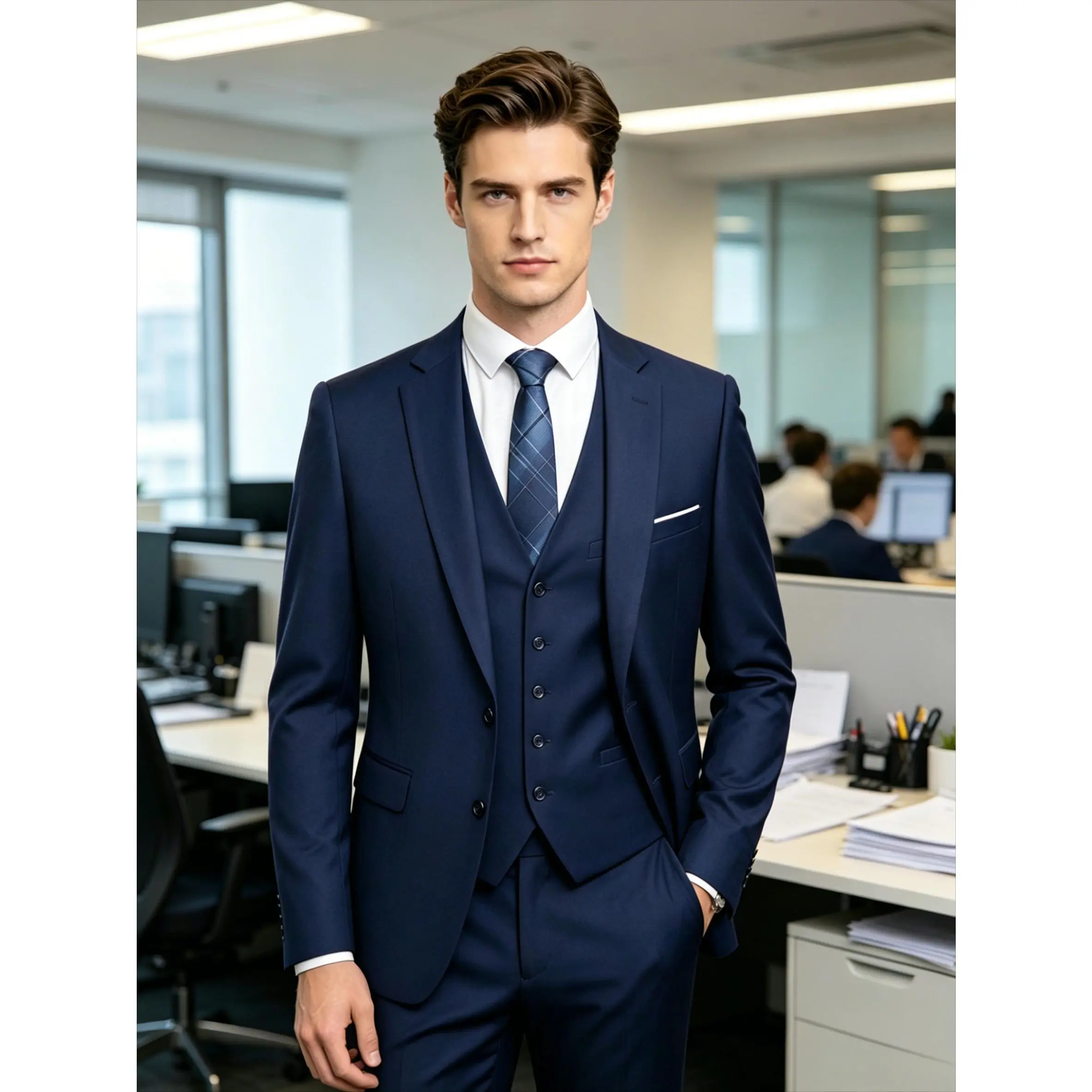 Men's 3-Piece Suit Set, Stylish Slim-Fit Formal Workwear for Office, Matching Blazer, Vest, and Pants with Free Accessory, Formal Wear, Menswear, Classic, Polyester, Long, Plain, Fabric, Buttons, Fitted, Solid, Office Wear, Fashion