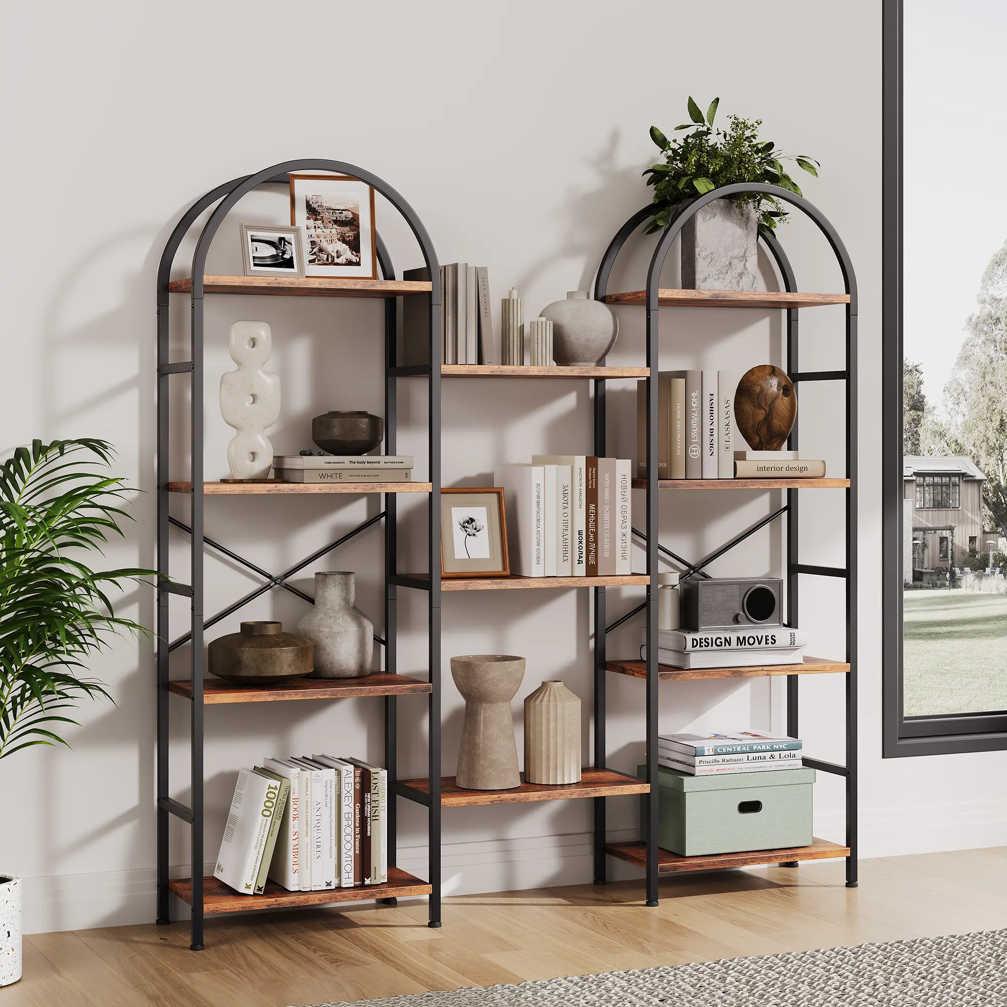 Triple Wide Arched Industrial Look Bookshelf, 4-Tier Tall 63 in Freestanding Metal & Wood Open Bookcase with 11 Adjustable Shelves, Book Storage & Display for Home Office
