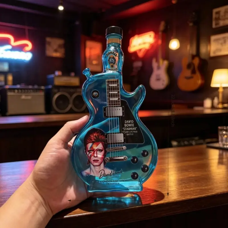 Blue Guitar Shape Glass Decanter, Hand Blown High Borosilicate Glass, Whiskey Bottle, Music Lover Gift, Rock Bar Decor, 390ML Capacity
