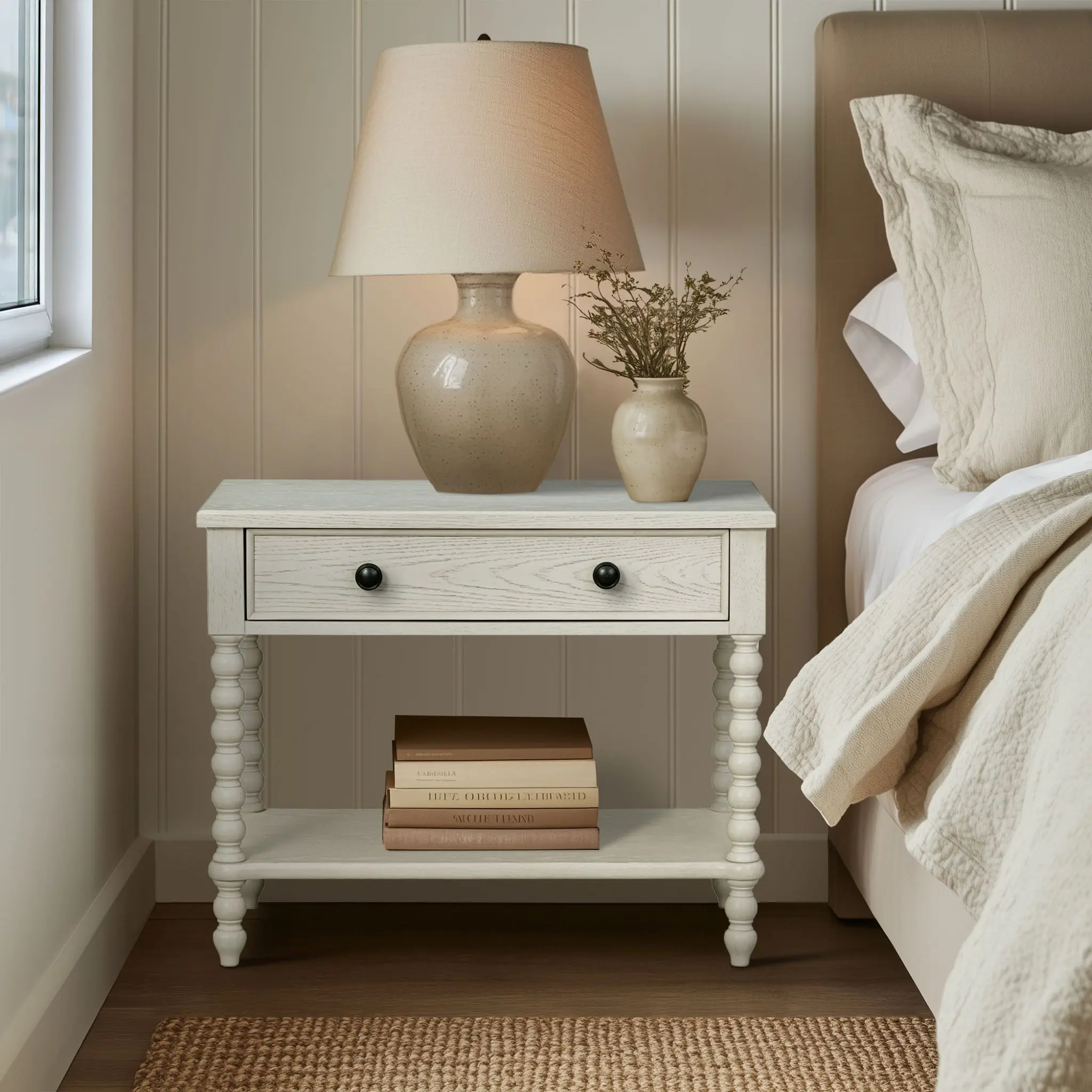 ARCH Large Nightstand Antique Cream Bedside Table for Bedroom, Sturdy Wood Night Stand with Storage Shelf, Classic Farmhouse End Table, Nightstand for Small Space, Bedside Cabinet Organizer, 1-Pack, Bedroom Bedside Table for Bedroom, Guest Room