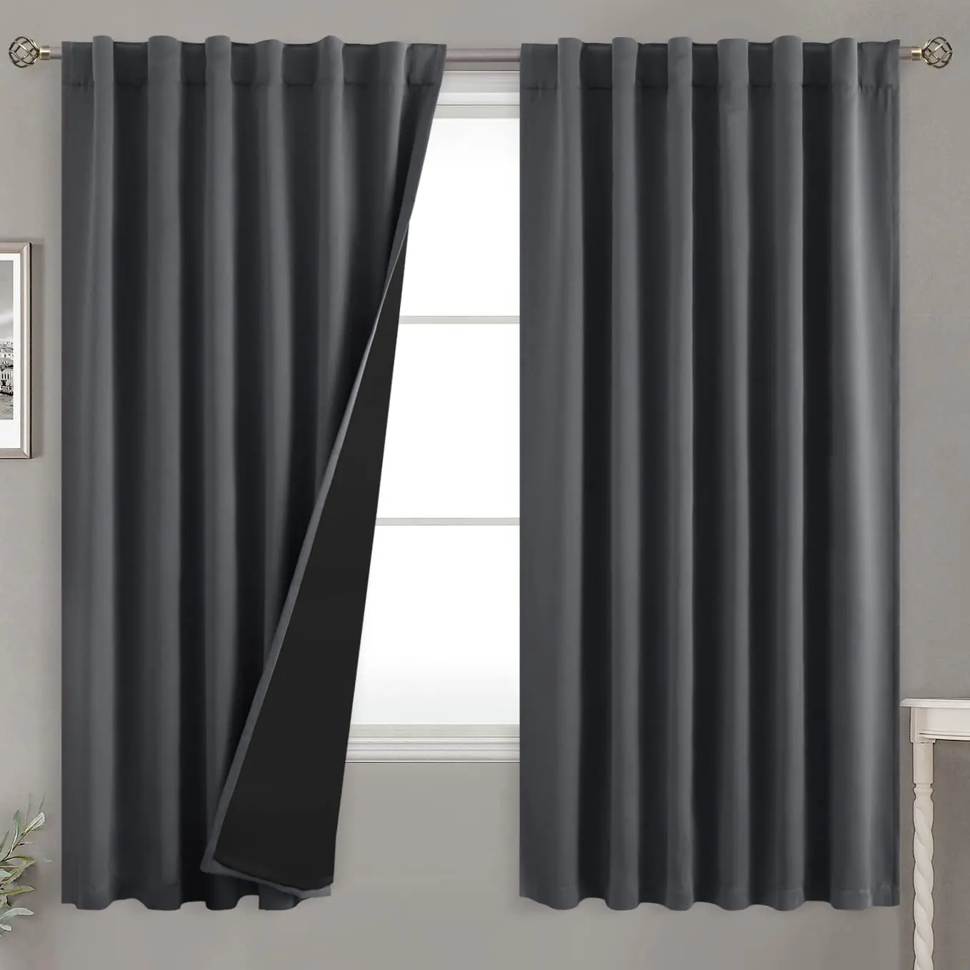 100% Room Darkening Thermal Blackout Curtains 63 Inches Long for Bedroom, Rod and Back Tab Layer Noise Cancelling with Liner (52 x 63 Inch, 2 Panels, Dark Grey)