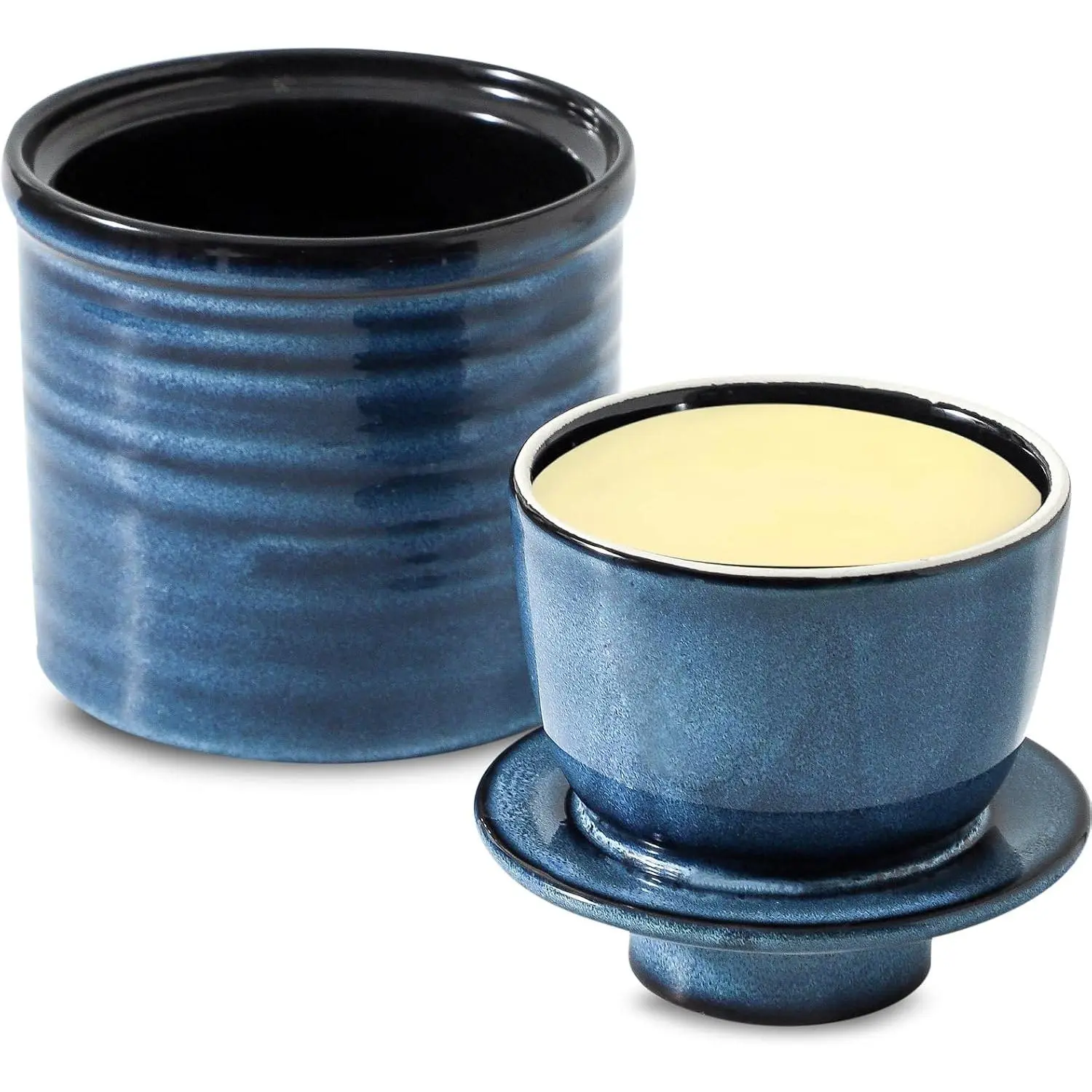 Ceramic Butter Crock with Lid, Butter Dish for Countertop with Water Line,  Butter Keeper Container for Spreadable Butter, Modern Kitchen Decor, Blue