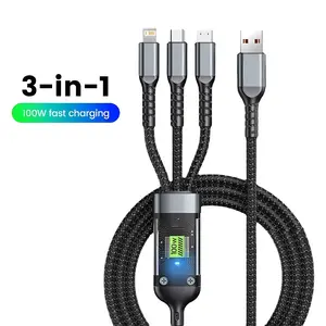 100w Fast Charging Cable, Transparent Braided USB to Type-C, iOS, Micro Interface, 1-To-3 Charger, Data Syncing, Durable Design