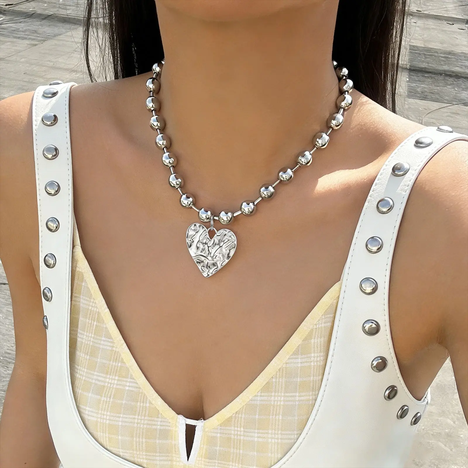 Irregular Heart Pendant, Metallic Bead Chain Necklace, Y2K Edgy Streetwear, Chunky Statement Necklace, Punk Rock Aesthetic, Everyday Cool Girl Wear