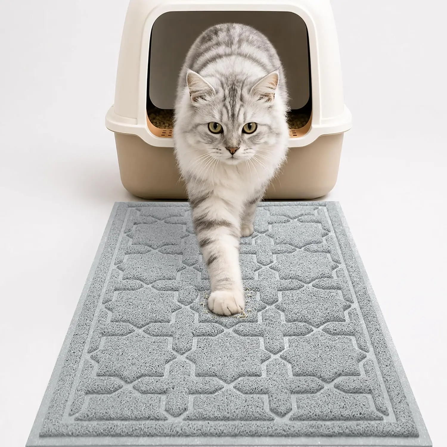 Litter Mat, Easy Clean Trapping PVC Mat with  Backing and Non Slip Bottom, Scatter Control Pad for Litter Box, 24"x20", Grey | PVC Litter Box Mat with Non Slip Backing, Easy Clean Surface and Scatter Control Design for Cleaner Floors