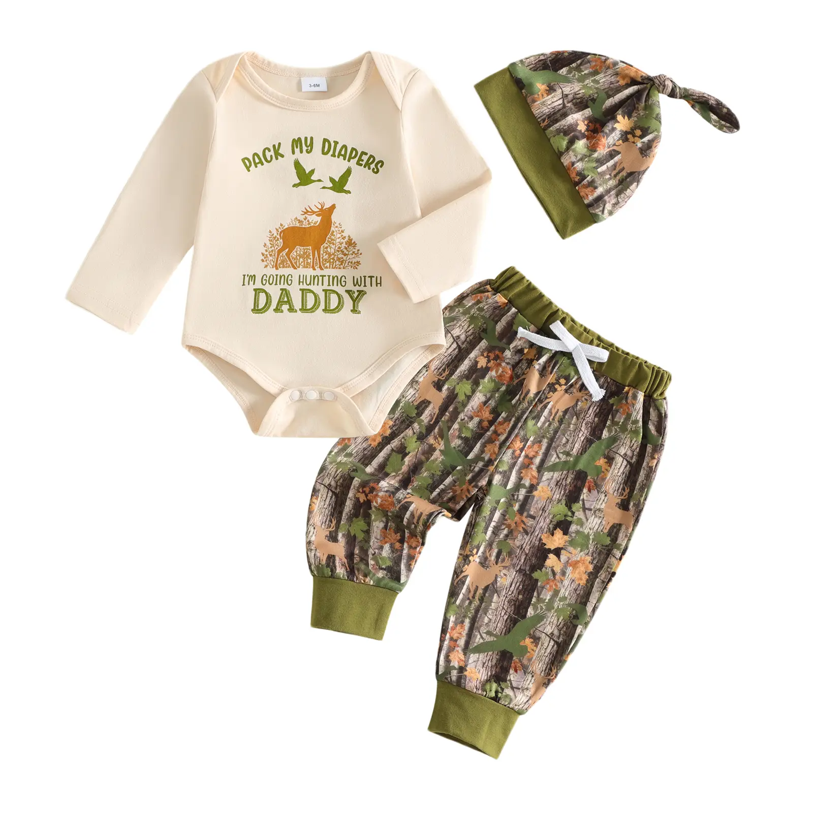 Newborn Baby Boy Fall Outfits Letter Deer Print Long Sleeve Romper Pants and Hat 0-12 Months