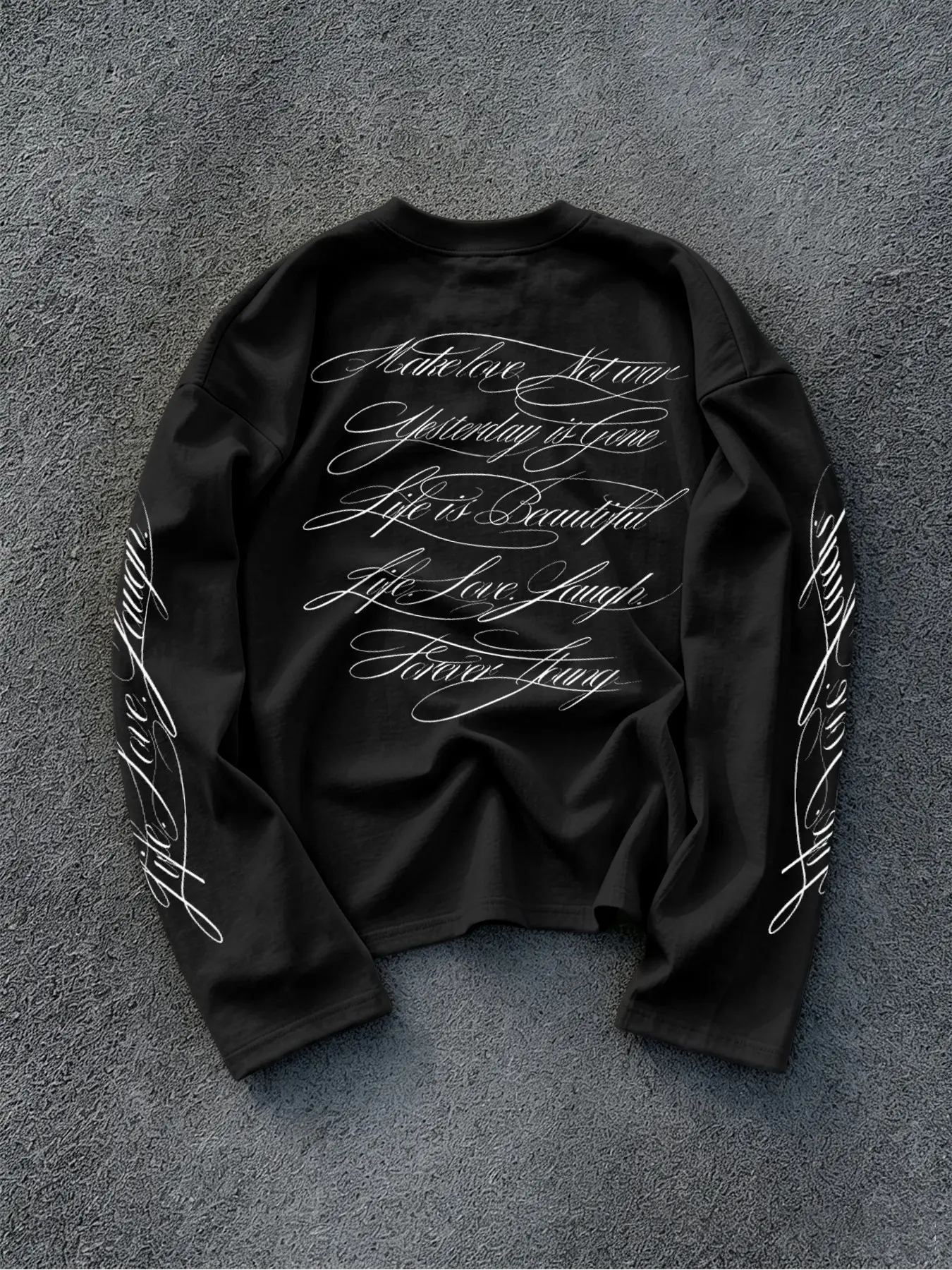 American Chicano Script Long Sleeve T-Shirt, Vintage English Slogan Back Print, High Street Loose Short Top, Spring & Fall Casual Wear