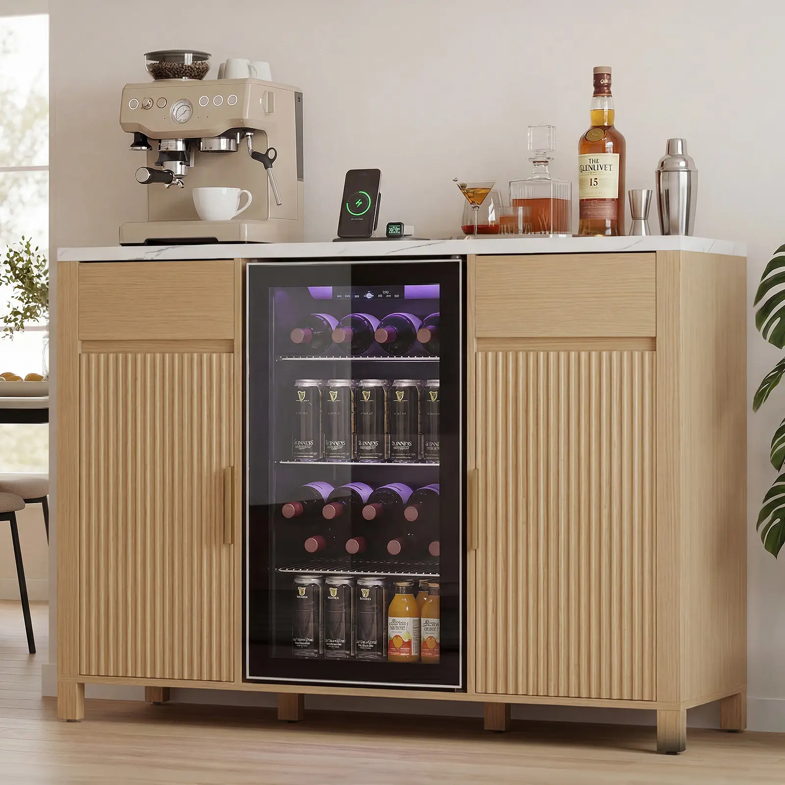 53.2" x 20.9" x 38.6" Modern Wood Coffee Bar with Countertop, Home Bar Buffet Sideboard, 19.7" Mini Fridge Fit, Wine Rack & Storage, Assembly Required for Dining Room