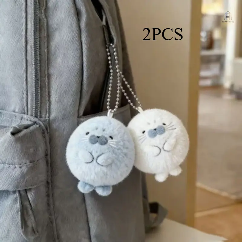 2/4Pcs Cute Round Seal Plush Bag Charms, White & Blue Fluffy Seal Ball Pendant, Soft 3D Stuffed Animal Keychain, Adorable Backpack Hanging Ornament, Sweet Small Gift for Best Friends