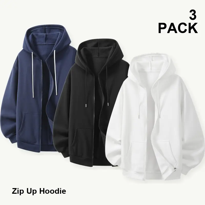 3-Pack Men's Fleece Lined Full Zip Hoodies Multipack, Warm Solid Color Relaxed Fit Sweatshirts with Drawstring Hood, Front Pockets and Ribbed Cuffs for Fall Winter Everyday Wear