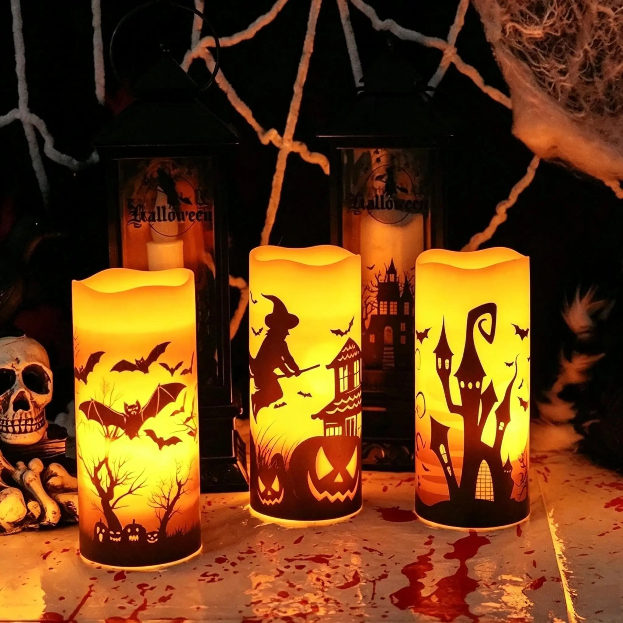 Halloween Flameless Candle Set with Remote Control, Blinking and Long-Burning Lights, Battery-Powered LED Candles with Timer, Decorative Stickers Included