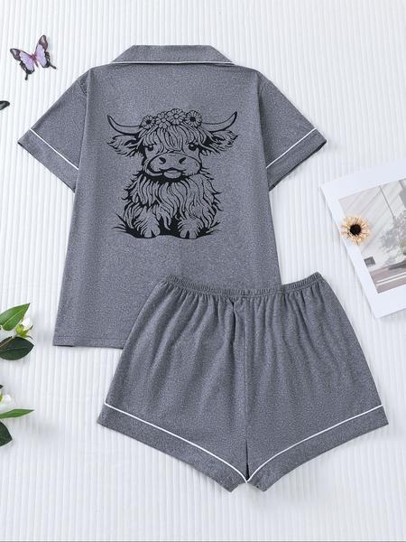 Cute Cow Print Women's Pajama Set, Comfortable Short Sleeve Button Shirt & Elastic Shorts, Casual Home Wear for All Seasons