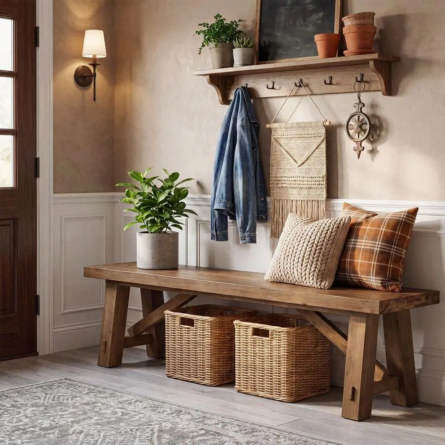 71" Solid Wood Entryway Bench, Farmhouse Long Narrow Shoe Bench, Table Benches Seat Bedroom, Hallway, Dining Room, Foyer, End Of Bed, Easy Assembly, Brown