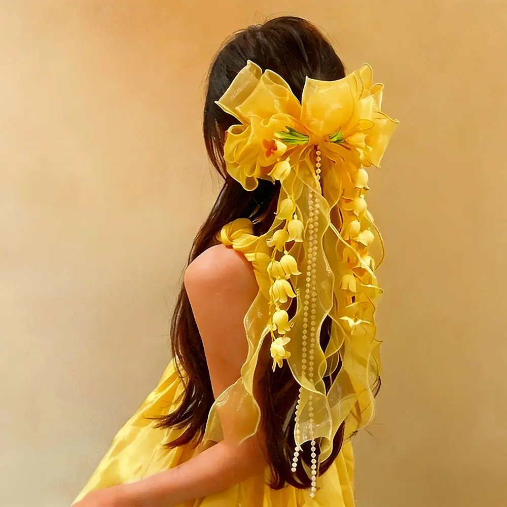 Bohemian Floral Long Ribbon Organza Bow Hair Clip, Large Mesh Princess Hairpin Headpiece for Wedding Party