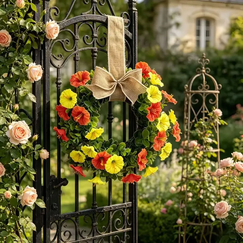 Decorative Mini Wreath Artificial Petunia Flower with Burlap Bow Accent for Door Cabinet Window Wall Home Farmhouse Decoration