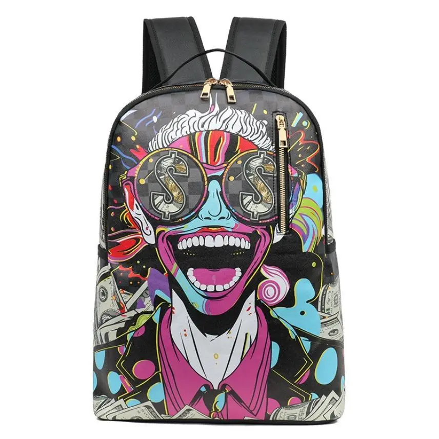 Unisex Bright Cowhide Leather Backpack - Graffiti & Cartoon Print, Cute, Waterproof, Anti-Theft, Built-In Organizer, Dollar Signs Sunglasses Decoration, Casual Wear, Athletic, Basic College Student Back to School Bag
