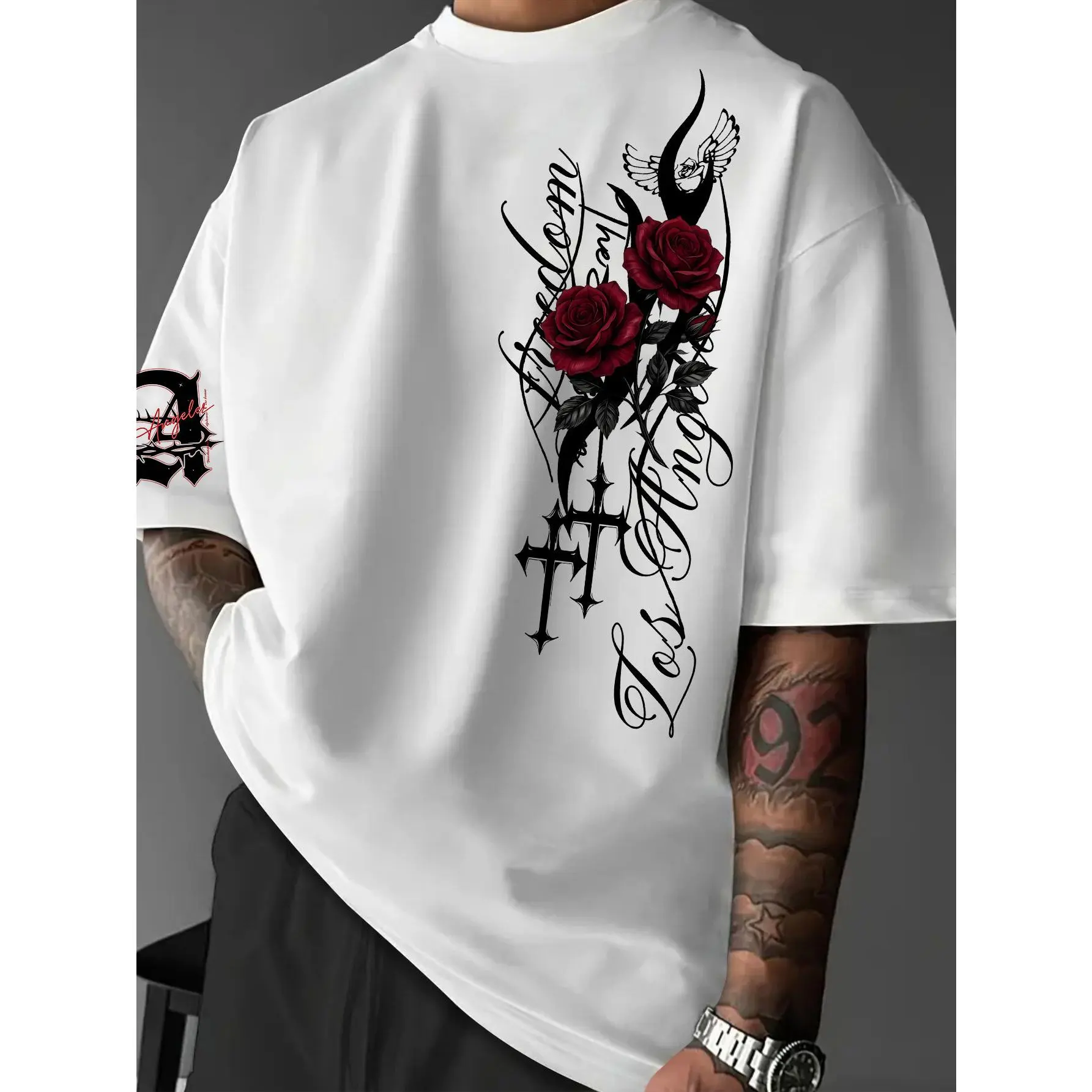 Men's Gothic Dark Red Rose Cross Oversized Round Neck Short-Sleeve T-Shirt - Tattoo Script Graphic Alternative Fashion Tee for Daily & Night Outfits, New Summer Menswear, Shortsleeve, Plush, Floral, Casual, Cotton