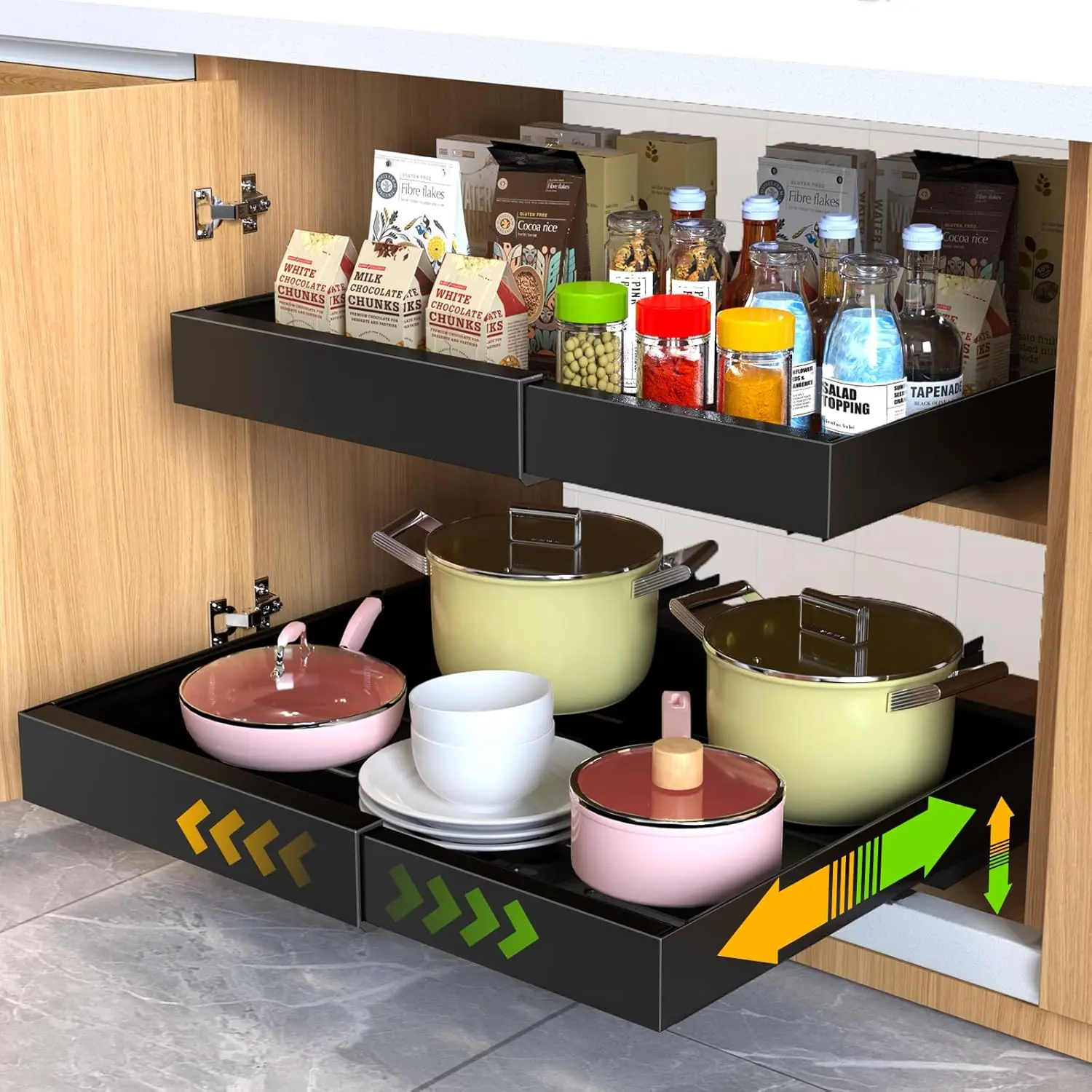 2 Pack Pull Out Cabinet Organizer,21" Deep Slide Out Drawer Organizers,No Drill Pull Out Drawers Adhesive with Nano Compatible Framed Cabinets Shelves for Kitchen Pantry Adjustable Width