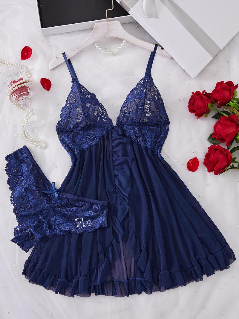 Ladies' Sexy Ruffle Trim Cami Nightdress & Bow Decor Panty Set, Comfortable Playful Floral Lace Sheer Sleepwear Set, Glamour Lingerie Set