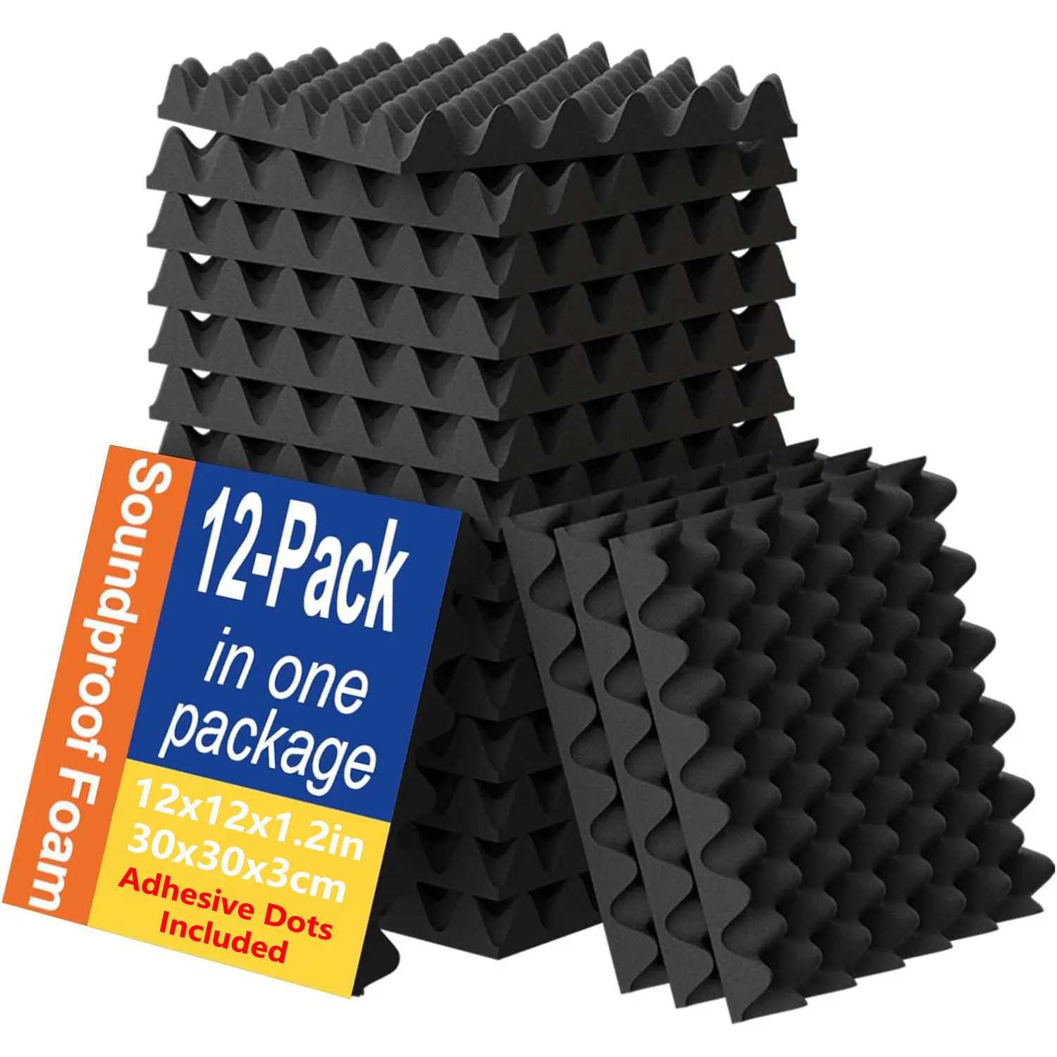 12 Pcs Eggcrate Noise Reduction Foam Panels, 30×30×3cm High Density Sound Insulation Foam with Adhesive Dots, Suitable for Studio, Recording Booth, Music Room, Home Theater, Gaming Room Wall & Ceiling