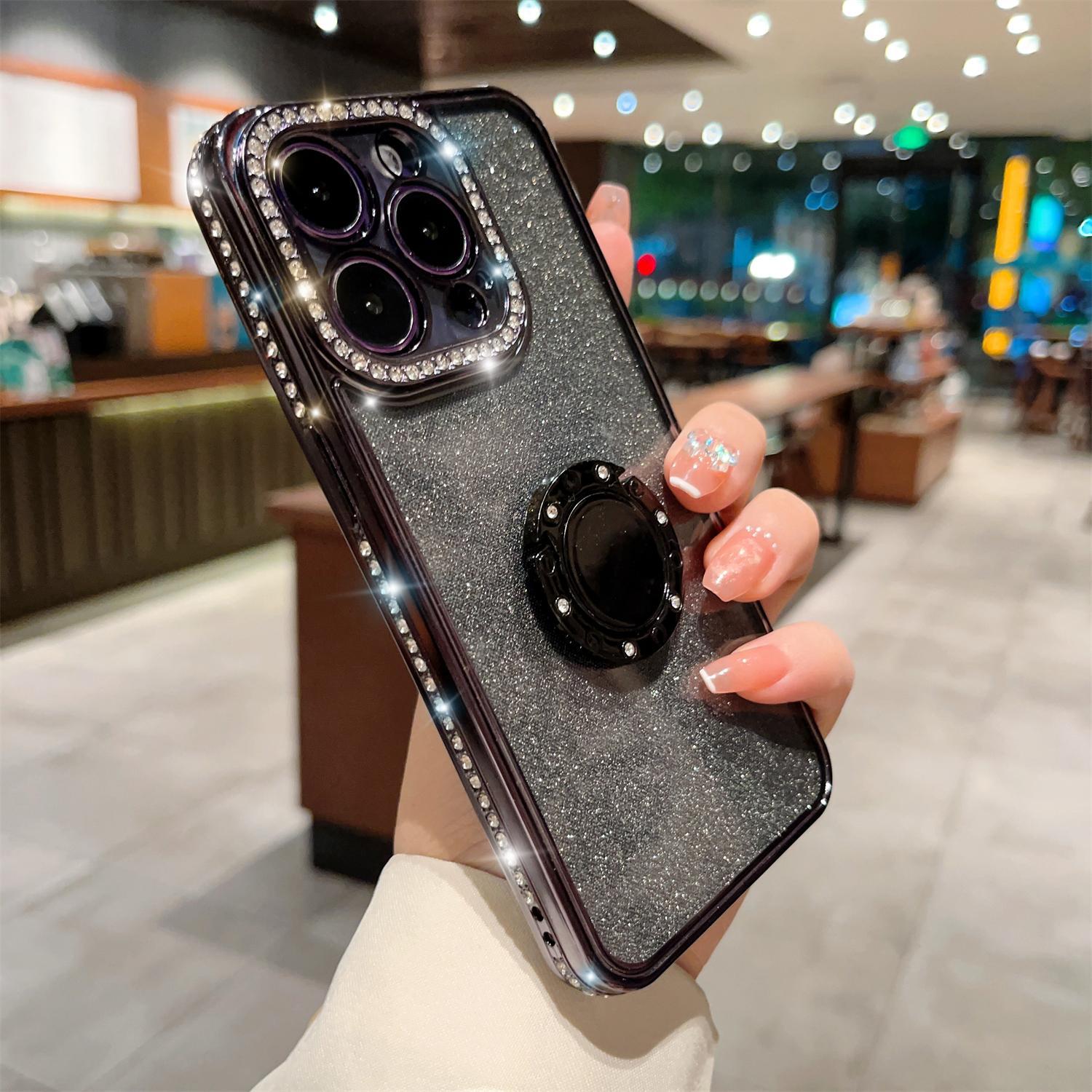 Bling Glitter Ring Case For iPhone 16 15 14 13 12 11 Pro Max Ring Holder Kickstand Case Plating Bumper Cover with Camera Lens Protector