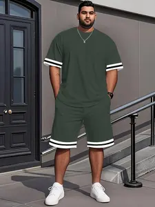 Men's Casual Round Neck Short Sleeve Shorts Matching Set, Menswear, Plus Size, Loose-Fitting, Random Print, Fashion Trendy Gift, Big & Tall