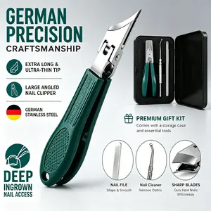 Stainless Steel Angled Nail Clipper Kit, 3-Piece Set For Thick And Ingrown Nails, With File And Cleaner