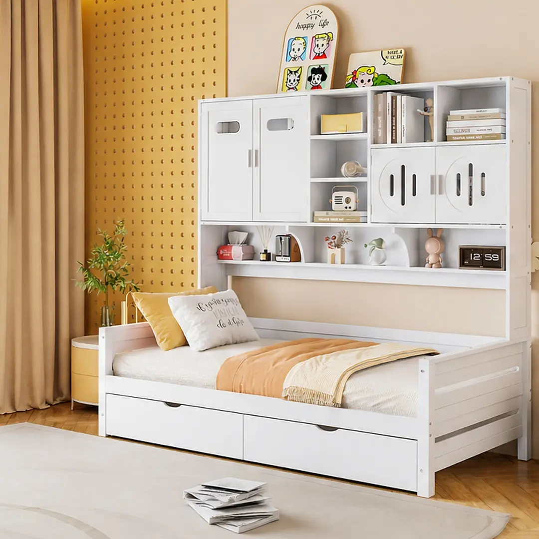 ARCH Single Twin Size Durable Solid Wood Minimalist Modern Daybed - 79.8" l x 41.3" w x 74.8" h, Storage Organizer with 2 Drawers, Cabinet, Shelf, Sturdy Slat Support, 400 lbs Capacity, No Box Spring Needed, for Kids' Bedrooms, White Bed Frame, Modern Bed